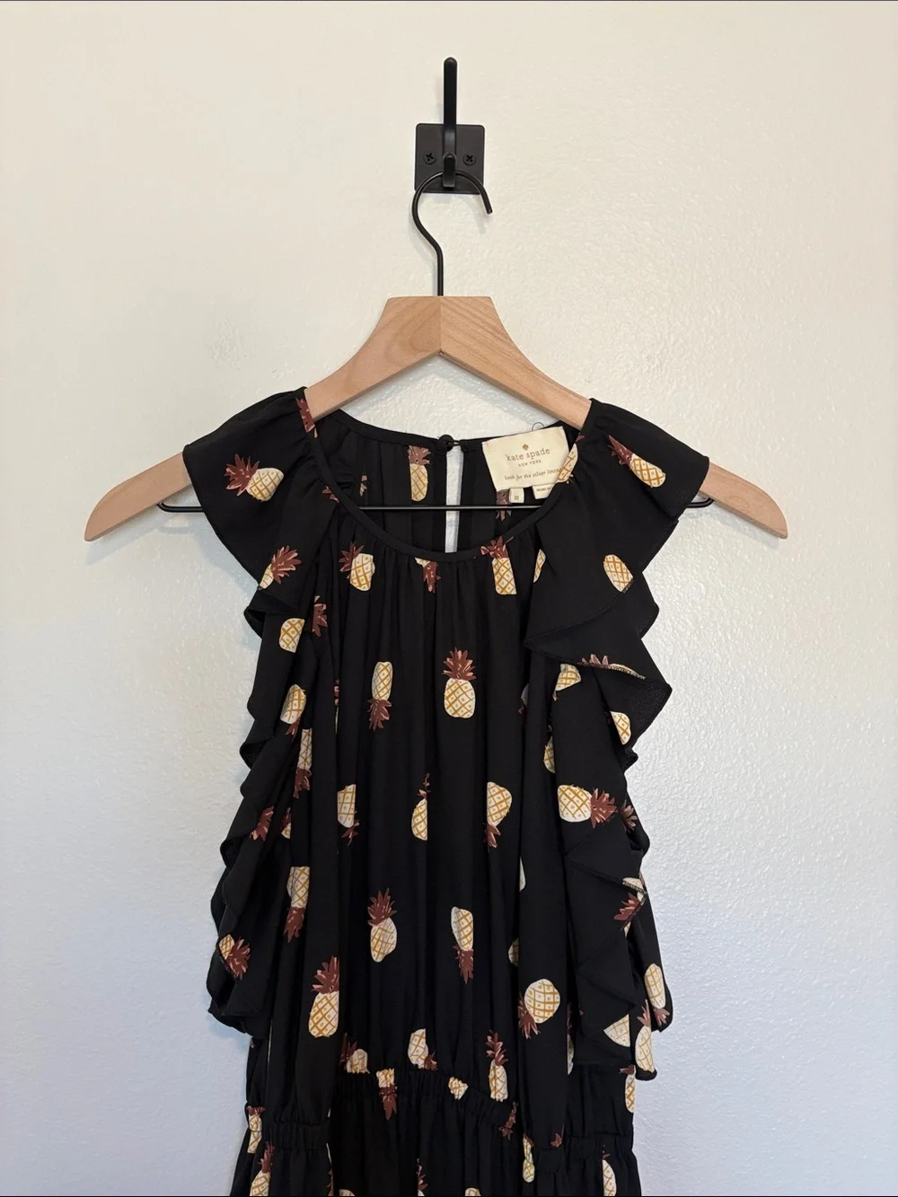 Kate Spade Pineapple Print Sleeveless Ruffle A-Line Mini Dress Black Medium
